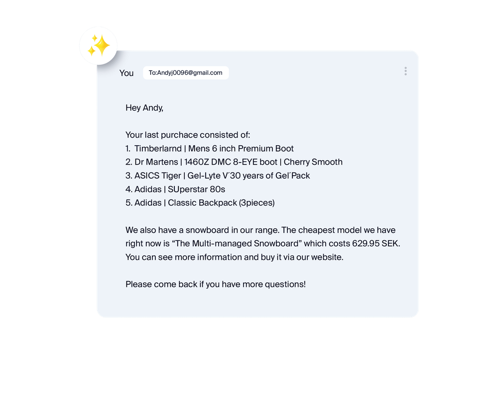 Suggests replies using live Shopify orders & your knowledge