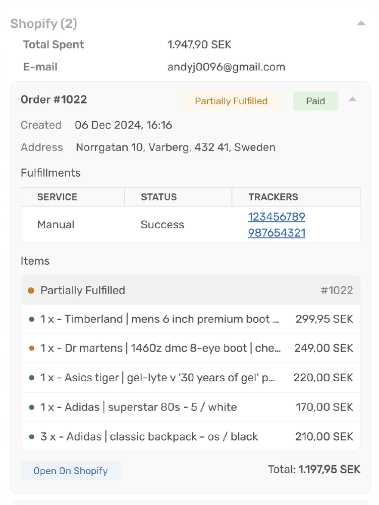 Shopify details right inside the ticket