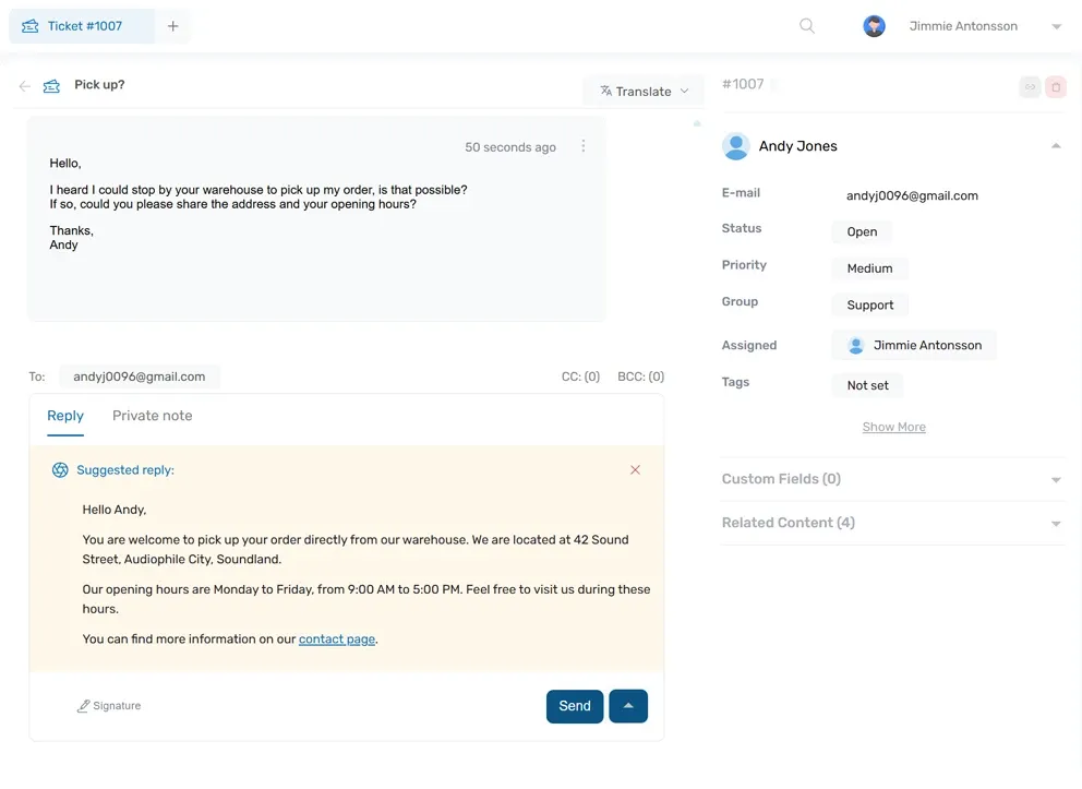 Ticket detail with context sidebar